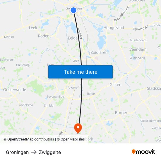 Groningen to Zwiggelte map