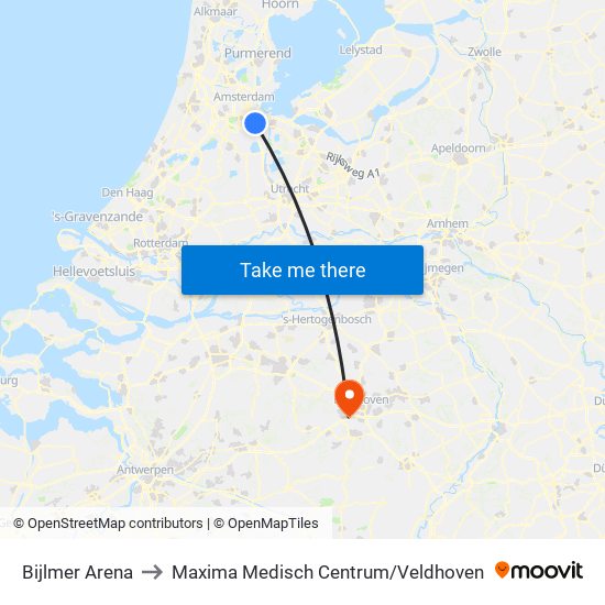 Bijlmer Arena to Maxima Medisch Centrum / Veldhoven map