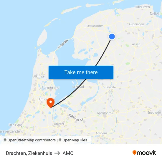 Drachten, Ziekenhuis to AMC map