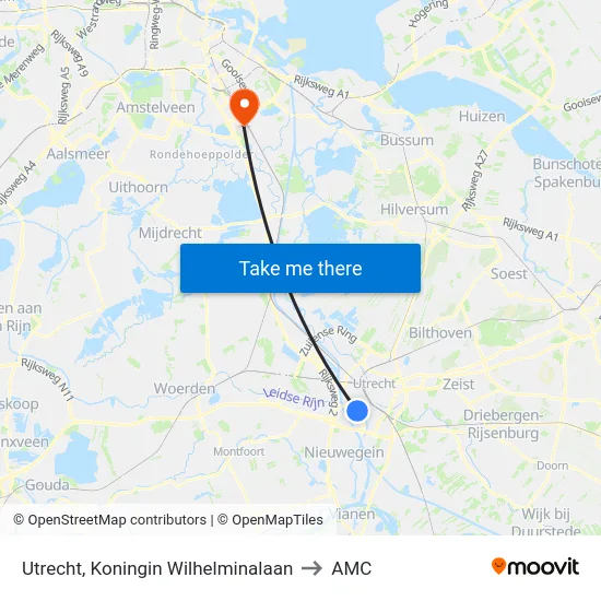 Utrecht, Koningin Wilhelminalaan to AMC map