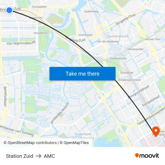Station Zuid to AMC map