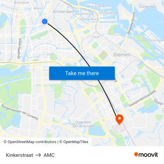 Kinkerstraat to AMC map