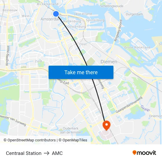 Centraal Station to AMC map
