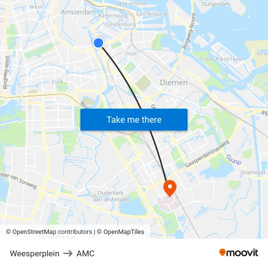 Weesperplein to AMC map