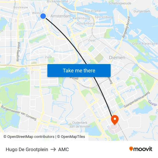 Hugo De Grootplein to AMC map