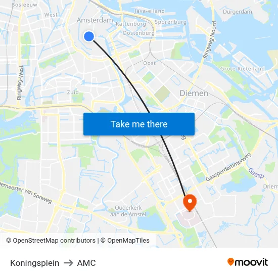 Koningsplein to AMC map
