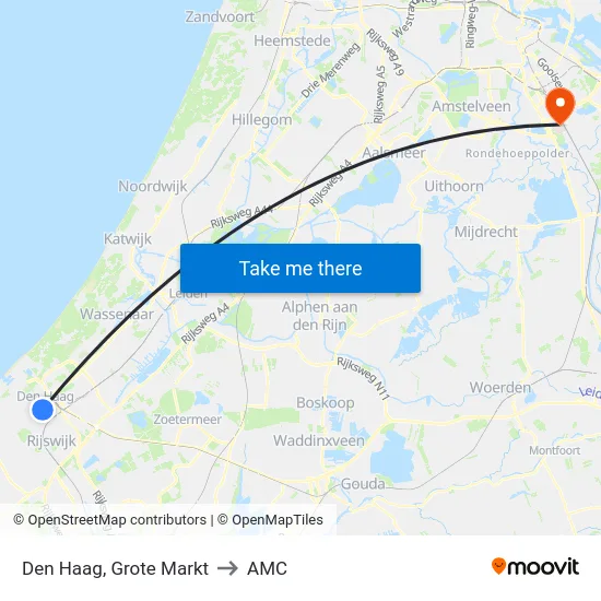 Den Haag, Grote Markt to AMC map