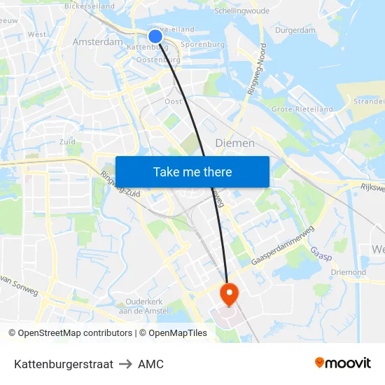 Kattenburgerstraat to AMC map