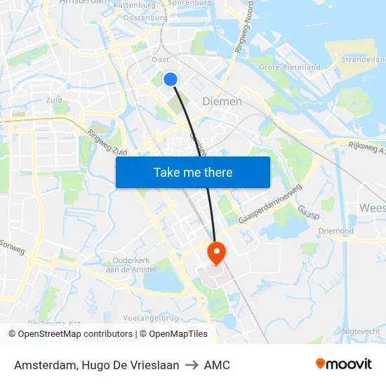 Amsterdam, Hugo De Vrieslaan to AMC map