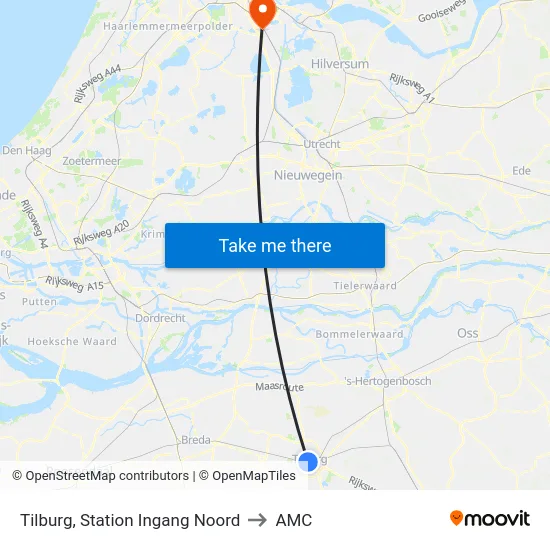 Tilburg, Station Ingang Noord to AMC map