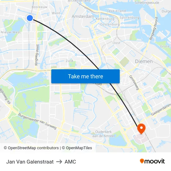 Jan Van Galenstraat to AMC map