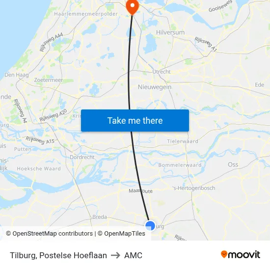 Tilburg, Postelse Hoeflaan to AMC map