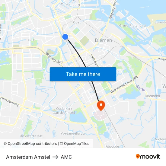 Amsterdam Amstel to AMC map