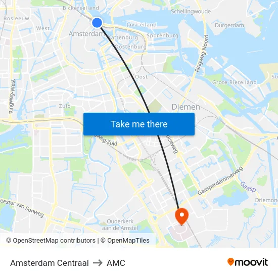 Amsterdam Centraal to AMC map