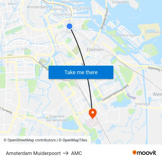 Amsterdam Muiderpoort to AMC map