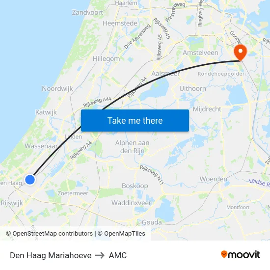 Den Haag Mariahoeve to AMC map