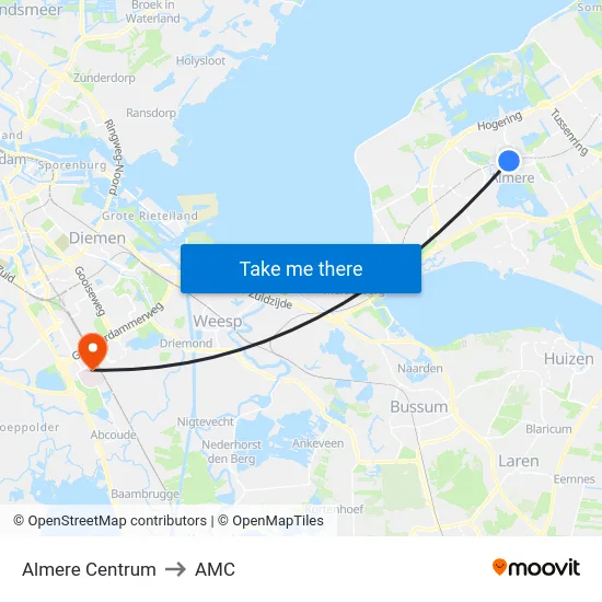 Almere Centrum to AMC map