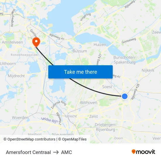 Amersfoort Centraal to AMC map