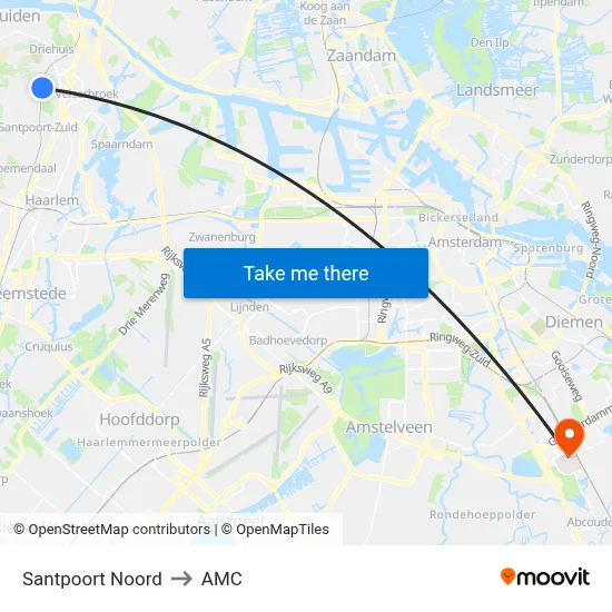 Santpoort Noord to AMC map