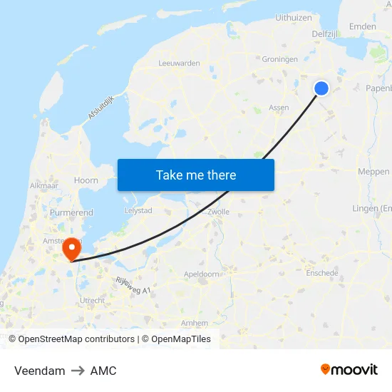 Veendam to AMC map