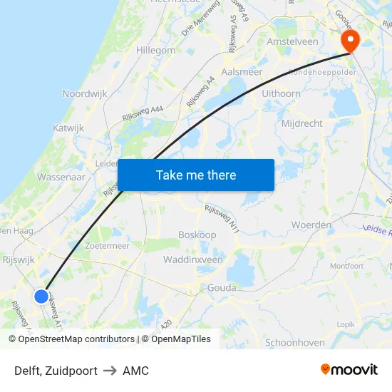 Delft, Zuidpoort to AMC map