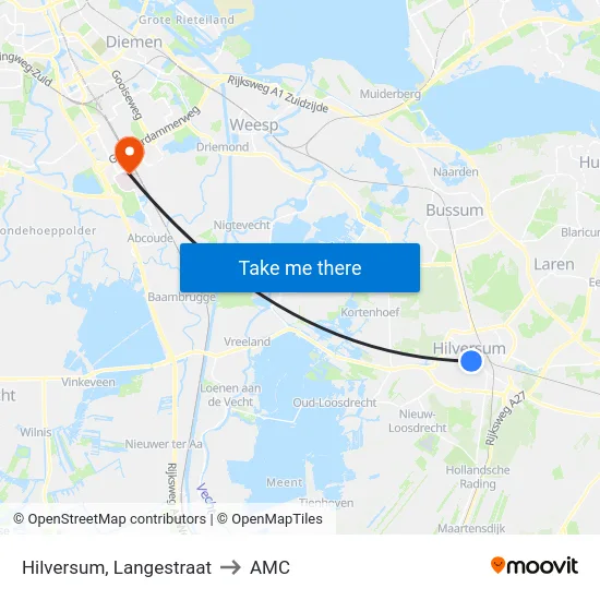 Hilversum, Langestraat to AMC map