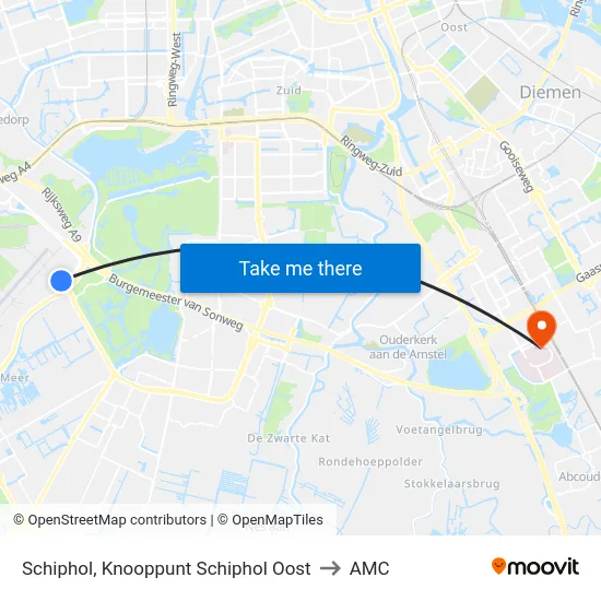 Schiphol, Knooppunt Schiphol Oost to AMC map