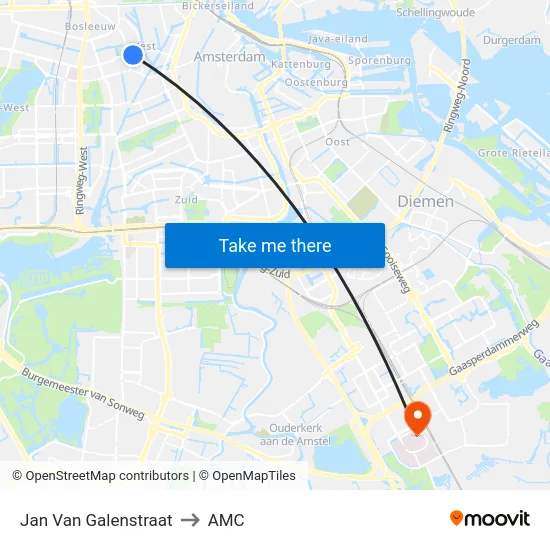 Jan Van Galenstraat to AMC map