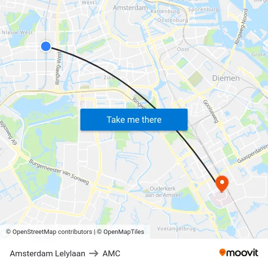 Amsterdam Lelylaan to AMC map