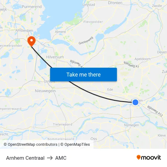 Arnhem Centraal to AMC map