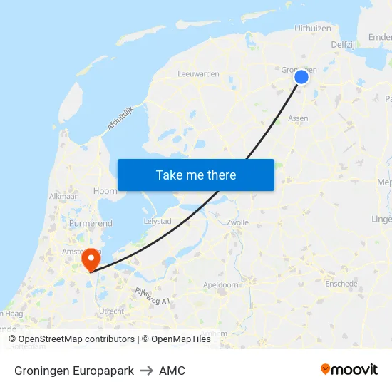 Groningen Europapark to AMC map