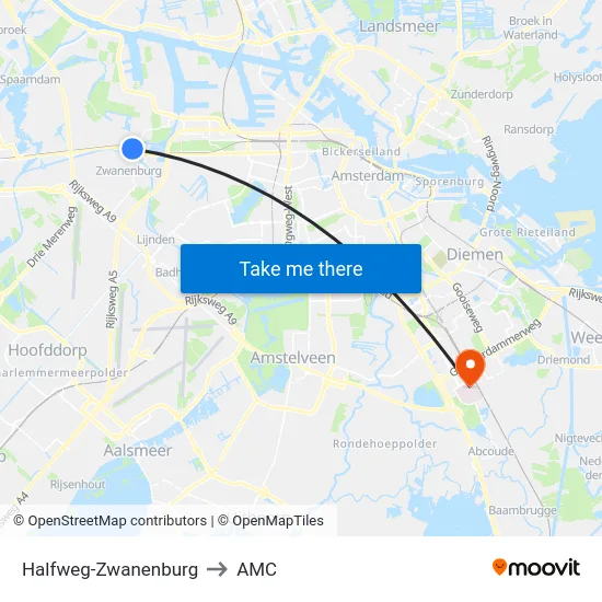 Halfweg-Zwanenburg to AMC map