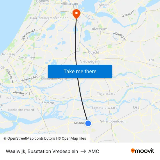Waalwijk, Busstation Vredesplein to AMC map
