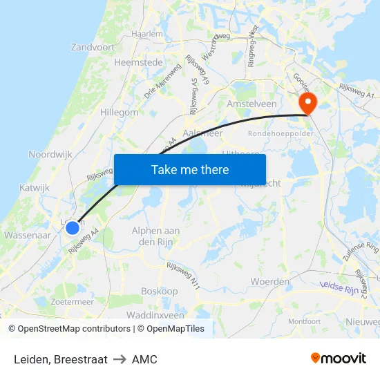Leiden, Breestraat to AMC map