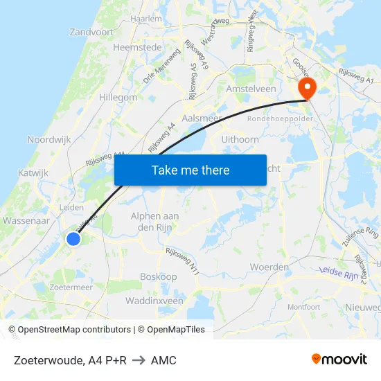 Zoeterwoude, A4 P+R to AMC map