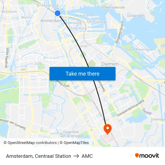 Amsterdam, Centraal Station to AMC map