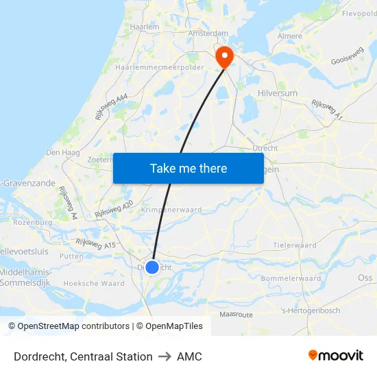 Dordrecht, Centraal Station to AMC map