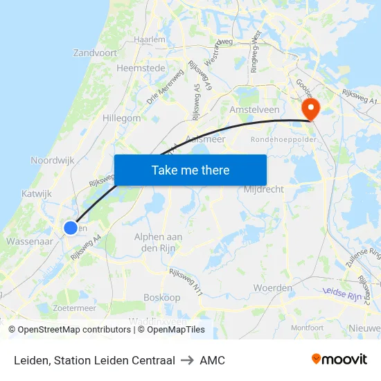 Leiden, Station Leiden Centraal to AMC map