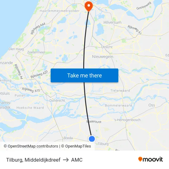 Tilburg, Middeldijkdreef to AMC map