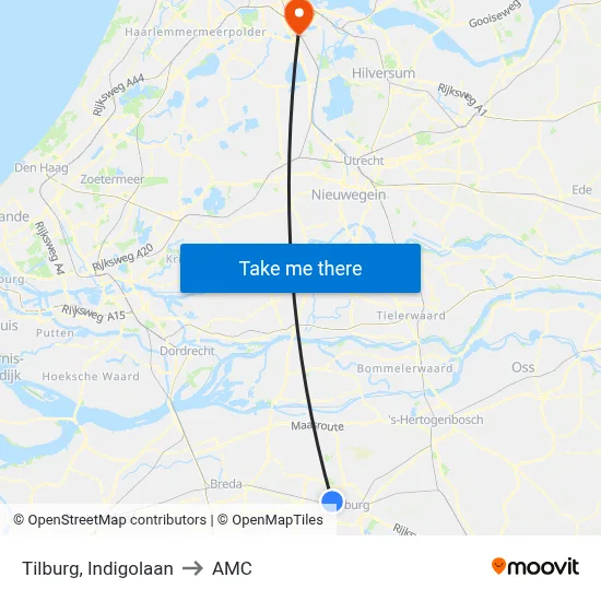Tilburg, Indigolaan to AMC map