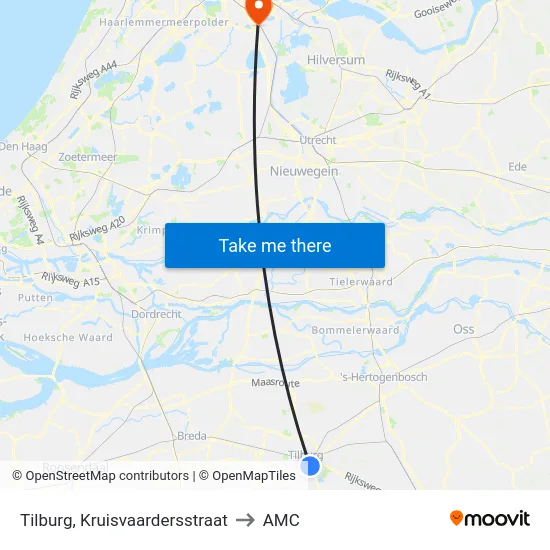 Tilburg, Kruisvaardersstraat to AMC map