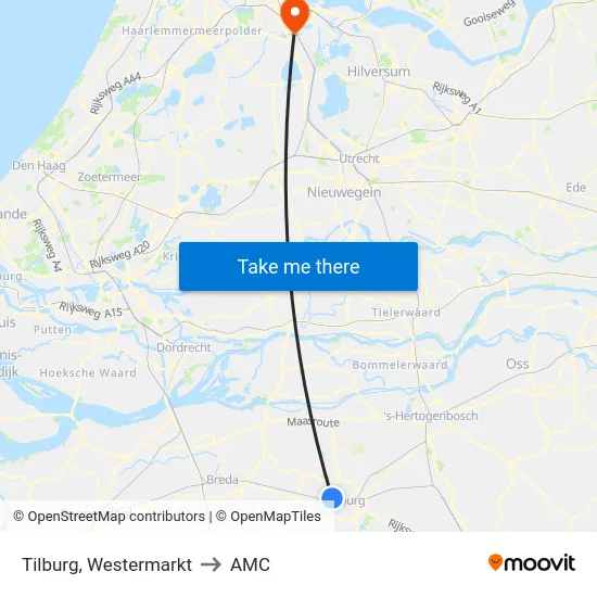 Tilburg, Westermarkt to AMC map
