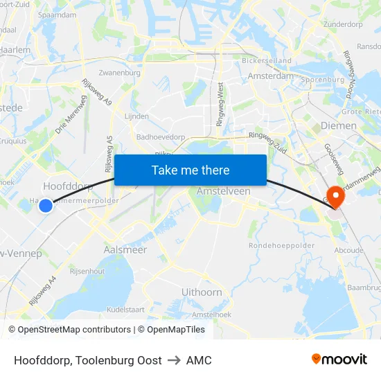 Hoofddorp, Toolenburg Oost to AMC map