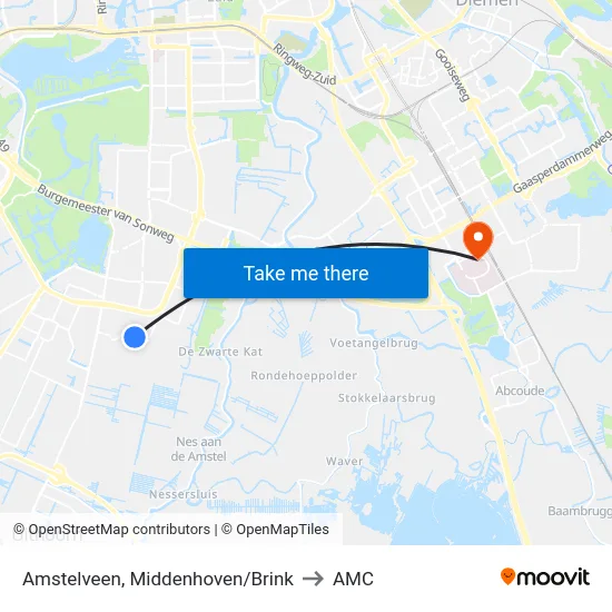 Amstelveen, Middenhoven/Brink to AMC map