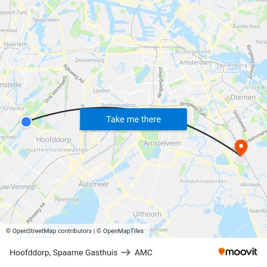 Hoofddorp, Spaarne Gasthuis to AMC map