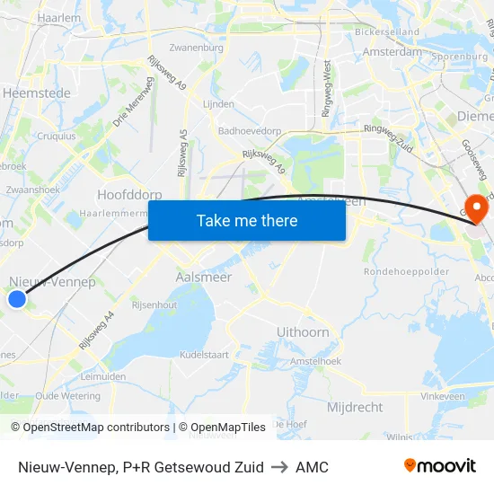 Nieuw-Vennep, P+R Getsewoud Zuid to AMC map