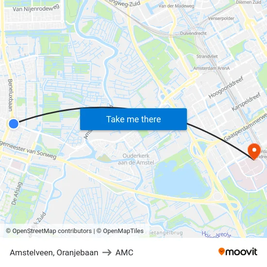 Amstelveen, Oranjebaan to AMC map