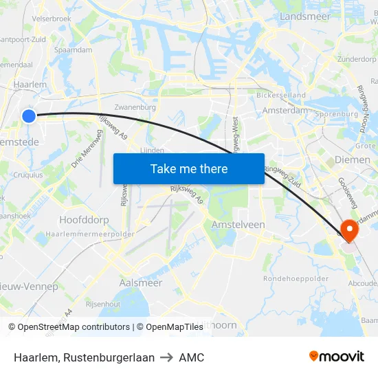 Haarlem, Rustenburgerlaan to AMC map