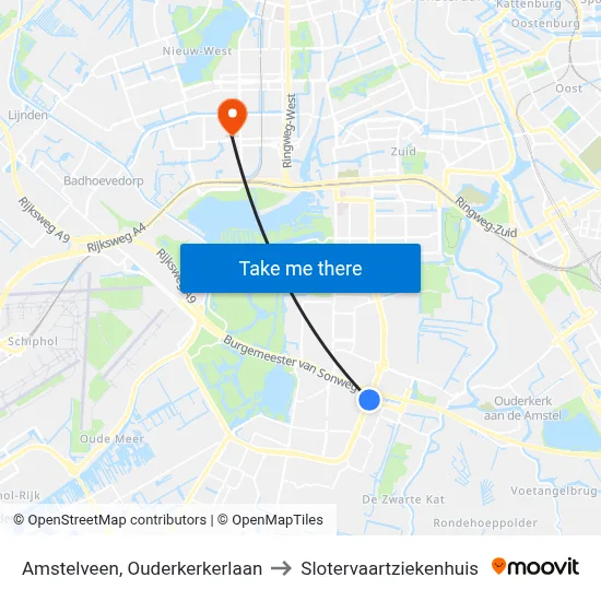 Amstelveen, Ouderkerkerlaan to Slotervaartziekenhuis map