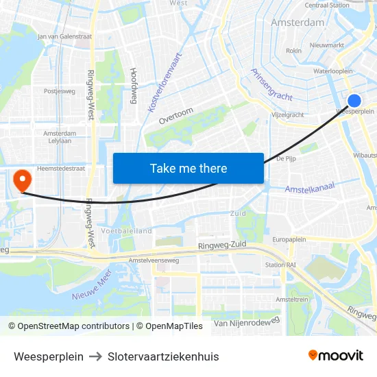 Weesperplein to Slotervaartziekenhuis map